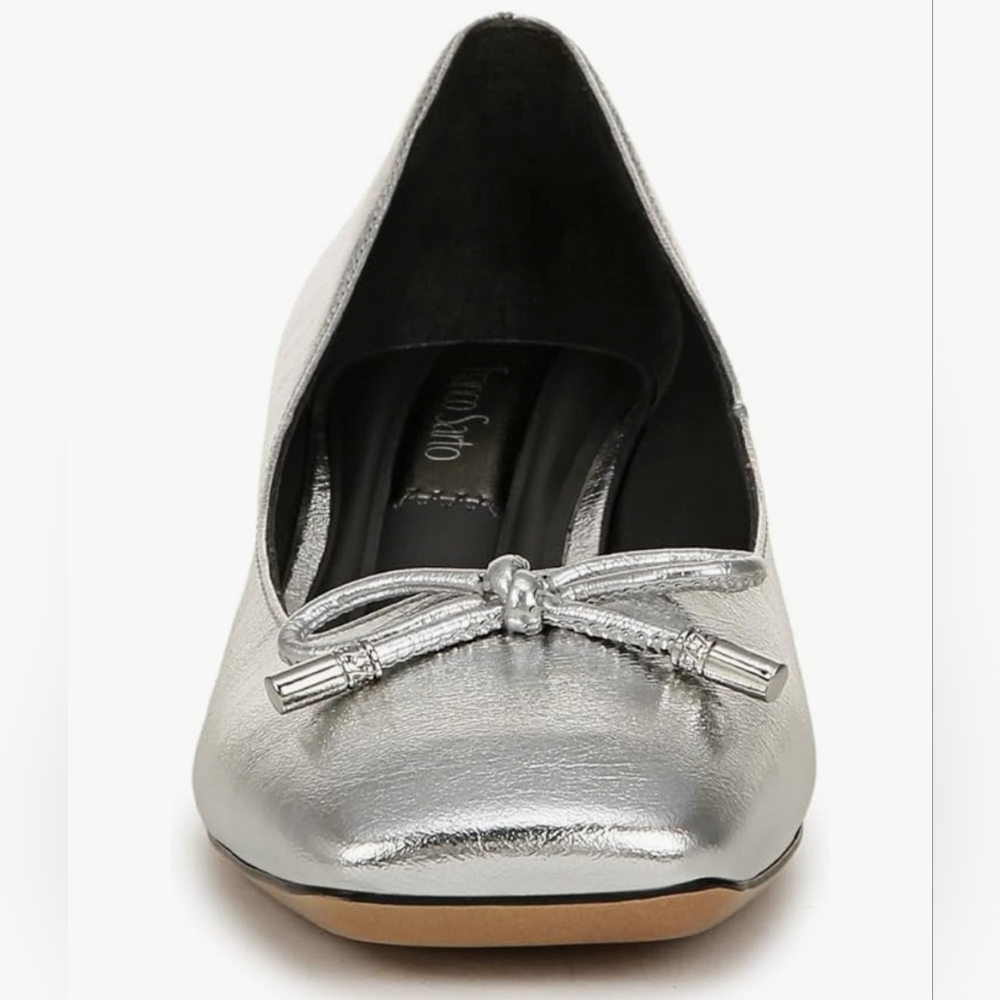 Franco Sarto Silver Metallic Square-Toe Block Heel Pump with Bow - Picture 2 of 14